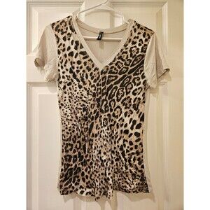 Venti 6 Leopard Print Animal Print V Neck Tshirt Silk Front Accent